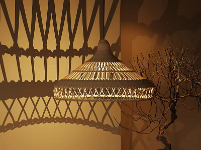 Woven Rattan Chandelier With Geometric Patterns Casting Warm Shadow Effects In Indoor Space 3d model