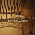 Woven Rattan Chandelier With Geometric Patterns Casting Warm Shadow Effects In Indoor Space