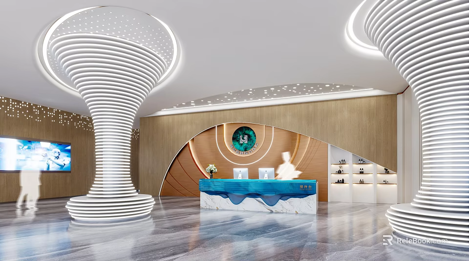 Modern Hotel Lobby Interior With Spiral Columns Wooden Wall And Front Desk 3d model 
