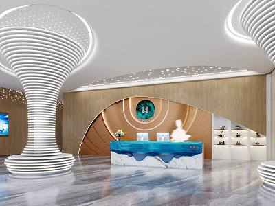 Modern Hotel Lobby Interior With Spiral Columns Wooden Wall And Front Desk 3d model
