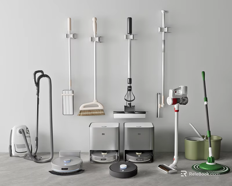 Modern Bathroom Cleaning Tools With Mop Broom Vacuum Robot Vacuum And Trash Can 3d model 