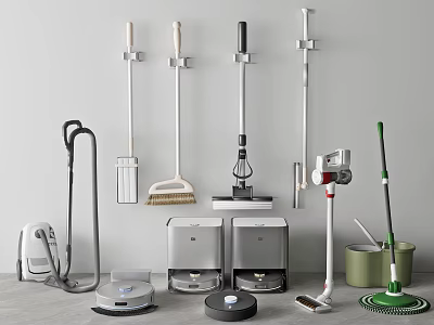 Modern Bathroom Cleaning Tools With Mop Broom Vacuum Robot Vacuum And Trash Can 3d model