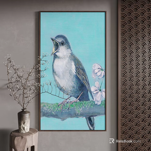 Landscape Painting Featuring Singing Bird on Green Branch with Pink Flowers 3d model 