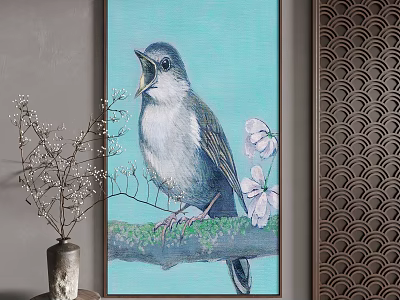Landscape Painting Featuring Singing Bird on Green Branch with Pink Flowers 3d model