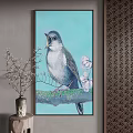 Landscape Painting Featuring Singing Bird on Green Branch with Pink Flowers