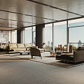 Modern Office Interior Design With Open Space Large Windows Sofa And Wooden Desk