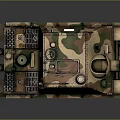 Camouflaged Vintage Tracked Military Vehicle With Antenna Steering Wheel And Equipment