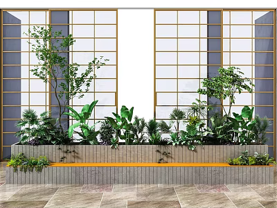 Lush Flowers And Green Plants In Long Planter With Grille Window Background And Marble Floor 3d model