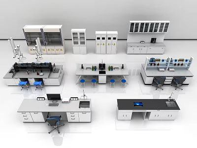 Modern Laboratory Functional Workstation Table With Equipment Storage Cabinets And Ergonomic Chairs 3d model