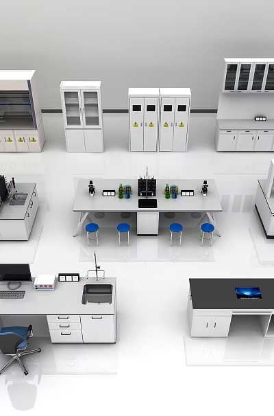 Modern Laboratory Functional Workstation Table With Equipment Storage Cabinets And Ergonomic Chairs 3d model