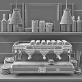 Stainless Steel Espresso Machine With Steam Cups And Bottles In Kitchen Shelf Setting