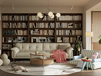Middle Ancient Home Living Room Small Apartment Living Room Retro Living Room Floor Bookcase Sofa Coffee Table Combination 3d model