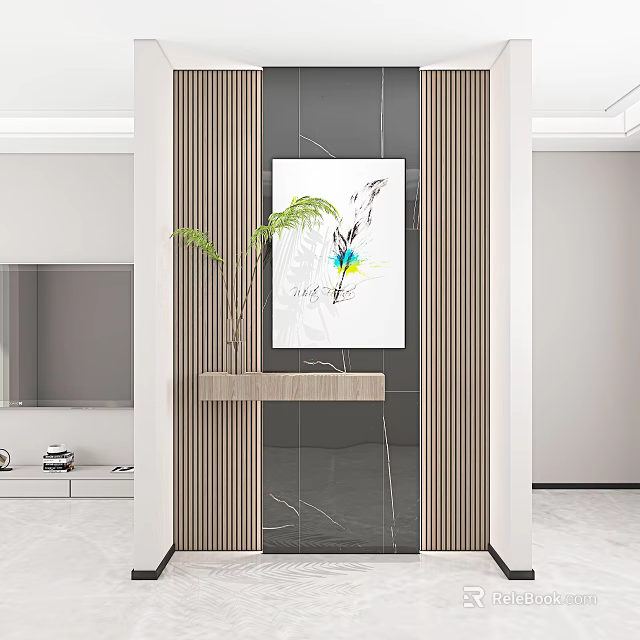 Modern Entryway Hallway Design with Decorative Painting Green Plant Wooden Shelf and Marble Wall 3d model 