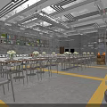 Modern Restaurant Interior With Exposed Ceiling Metal Tables Yellow Floor Lines And Green Plants