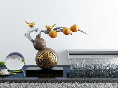 Decorative Garden Ornament With Golden Birds Orange Fruits On Branches Transparent Globe And Water Feature 3d model