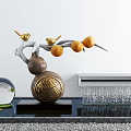 Decorative Garden Ornament With Golden Birds Orange Fruits On Branches Transparent Globe And Water Feature
