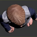 Cute Little Boy Standing Barefoot In Gray And Blue Long Sleeve Shirt And Jeans