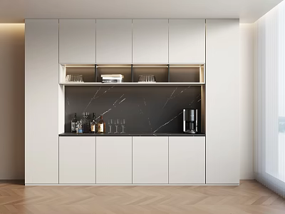 Modern Sideboard Cabinet Design With White Cabinets Black Countertop Open Shelves And Wine Glasses 3d model