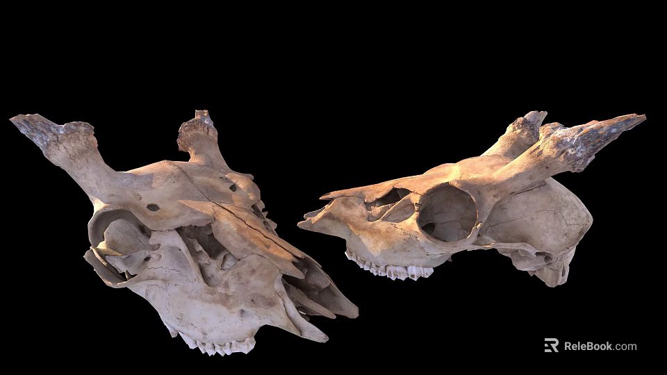 Two Detailed Animal Skulls Display Anatomical Features On Black Background 3d model 