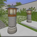 Traditional Outdoor Lights with Stone Carved Pillars Roof Shaped Tops in Garden with Gravel Path