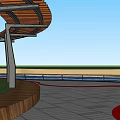 Waterfront Landscape Public Space With Red Pathway People Walking And Wooden Shelter