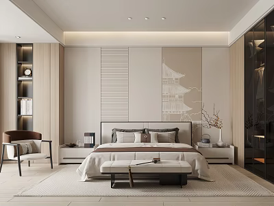 Modern Bedroom Interior Design With Upholstered Bed Wooden Nightstands Side Chair And Area Rug 3d model