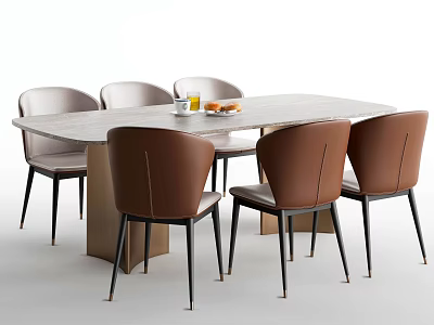 Modern Rectangular Dining Table Set With Brown And Light Gray Leather Chairs Marble Top 3d model