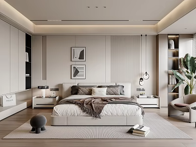 Modern Bedroom Interior Design with Comfortable Bed Decorative Paintings and Green Plant 3d model