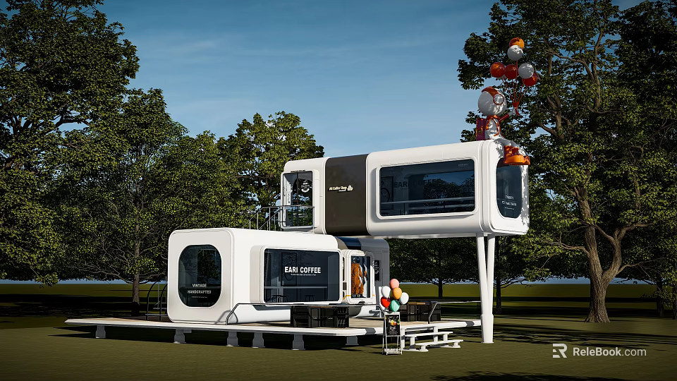 Modern Safe Stay Space Capsule With Outdoor Terrace Green Trees And Balloons 3d model 