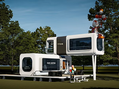 Modern Safe Stay Space Capsule With Outdoor Terrace Green Trees And Balloons 3d model