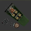 Model Scene With American Flag Yellow Black Boxes Wooden Barrel And Green Platform