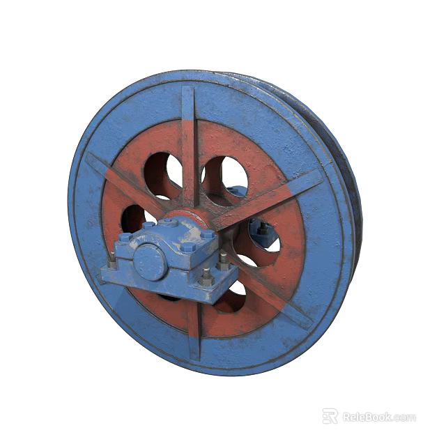 Industrial Equipment Pulley With Blue Red Metal Frame Spokes And Mechanical Parts 3d model 