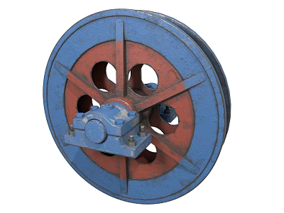 Industrial Equipment Pulley With Blue Red Metal Frame Spokes And Mechanical Parts 3d model