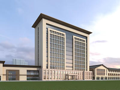 Modern Office Building With Symmetrical Design Beige Exterior Large Windows Green Lawn And Cloudy Sky 3d model