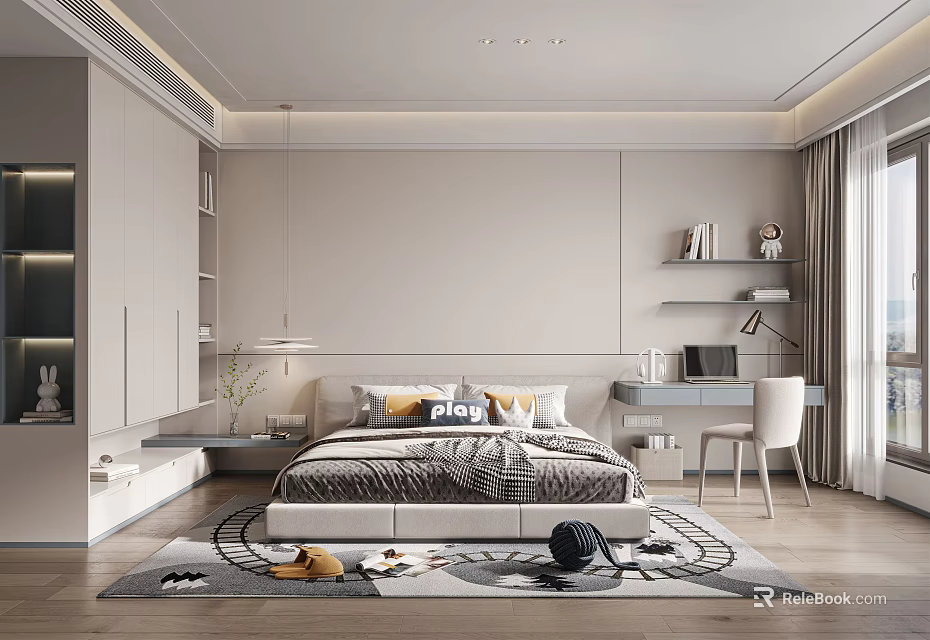 Modern Kids Room Interior With Bed Desk Chair Bookshelf And Stuffed Toys On Rug 3d model 