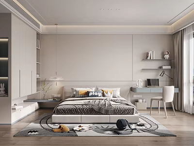 Modern Kids Room Interior With Bed Desk Chair Bookshelf And Stuffed Toys On Rug 3d model
