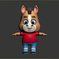 Cute Brown Cartoon Horse with Blue Eyes Red Shirt Blue Shorts Standing on Dark Background