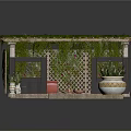 Ornate Outdoor Pavilion With Lattice Roof Covered In Greenery And Decorative Planters
