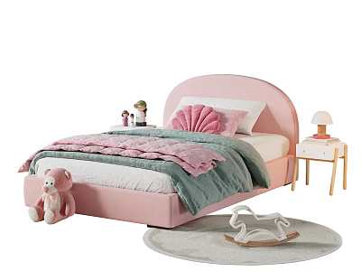Pink Double Bed With Curved Headboard Shell Pillow Green Quilt Stuffed Bear Nightstand And Lamp 3d model