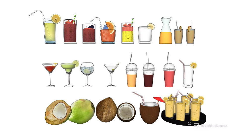 Various Refreshing Beverages Including Fruit Juices Cocktails Coconut Drinks in Glass And Plastic Cups 3d model 