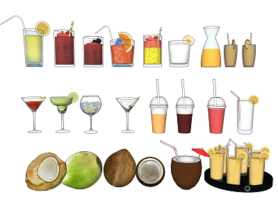 Various Refreshing Beverages Including Fruit Juices Cocktails Coconut Drinks in Glass And Plastic Cups 3d model
