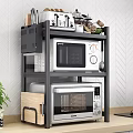 Kitchen Appliances Organized on Multi Tier Shelf With Microwave Oven Toaster and Herringbone Tile Wall