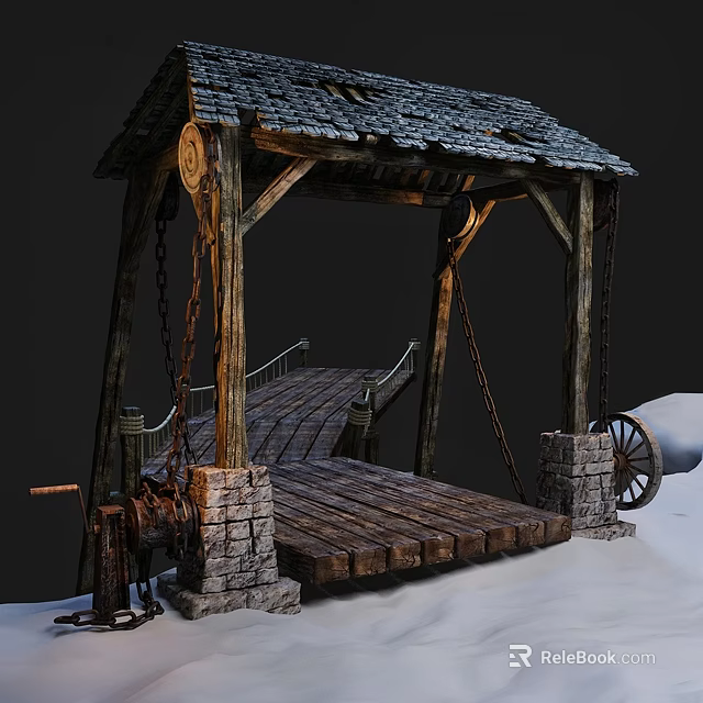 Old Wooden Bridge With Stone Pillars Chains And Snowy Surroundings 3d model 