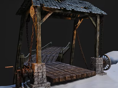 Old Wooden Bridge With Stone Pillars Chains And Snowy Surroundings 3d model
