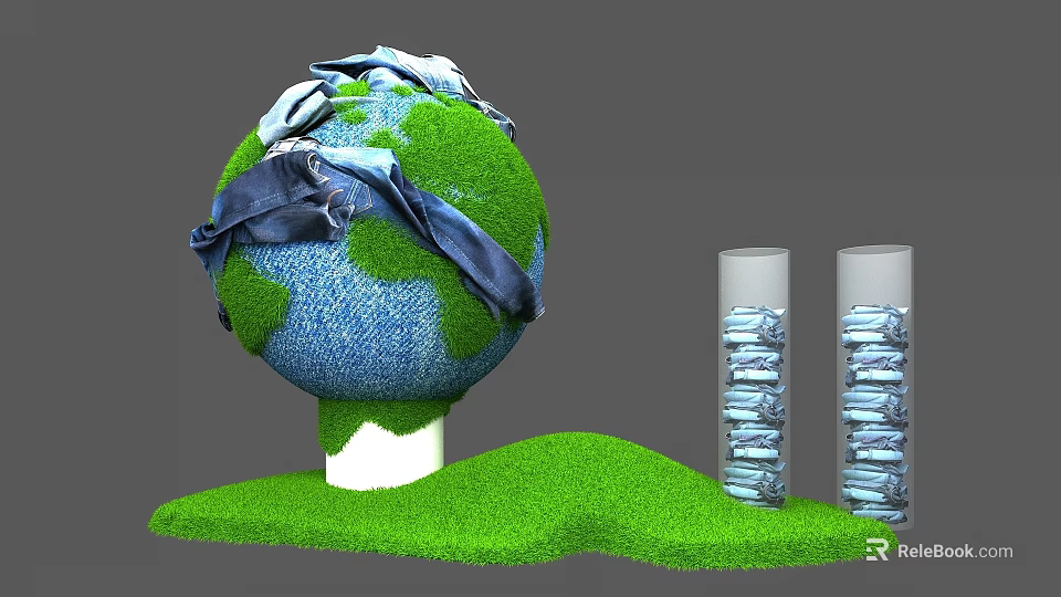 Interactive Zone Showing Globe With Torn Fabric Green Grass Base And Cylindrical Containers Stacked Items 3d model 