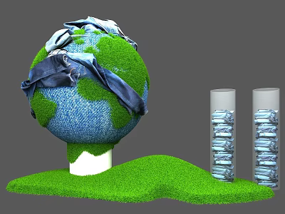 Interactive Zone Showing Globe With Torn Fabric Green Grass Base And Cylindrical Containers Stacked Items 3d model