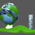 Interactive Zone Showing Globe With Torn Fabric Green Grass Base And Cylindrical Containers Stacked Items