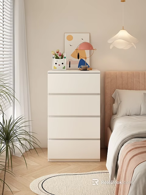 Modern White Bedroom Chest of Drawers with Flower Vase and Cartoon Lamp 3d model 