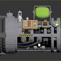 Futuristic Mechanical Device With Gray Body Green Screen Yellow Control Panel Red Wires And Wheels