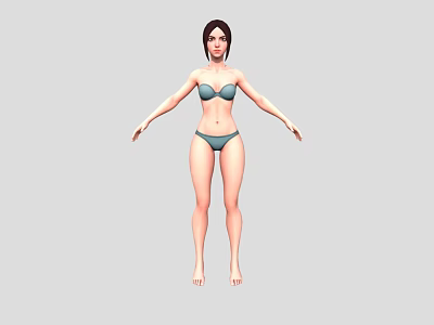 Woman Wearing Blue Bikini With Arms Outstretched Against Plain Gray Background 3d model
